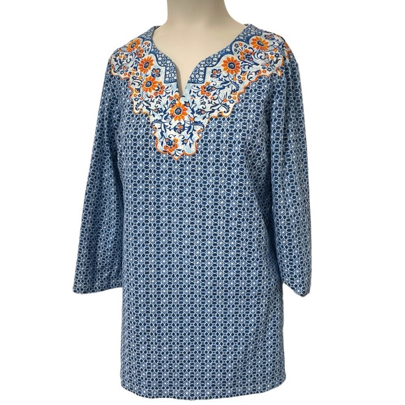 J McLaughlin Catalina Cloth Tunic Top Blue Orange Size Medium - Picture 1 of 3